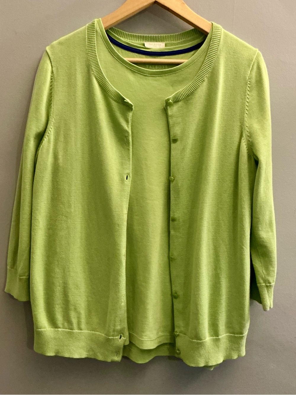 Talbots Matching Cardigan & Tee Set Large Green 100% Cotton Classic Preppy